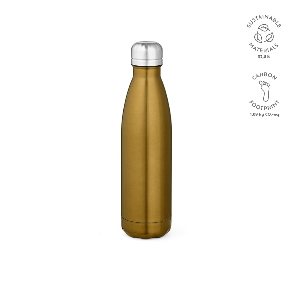 A drink bottle in a metallic gold colour with a shiny finish. It features a silver screw-on lid and has a logo.