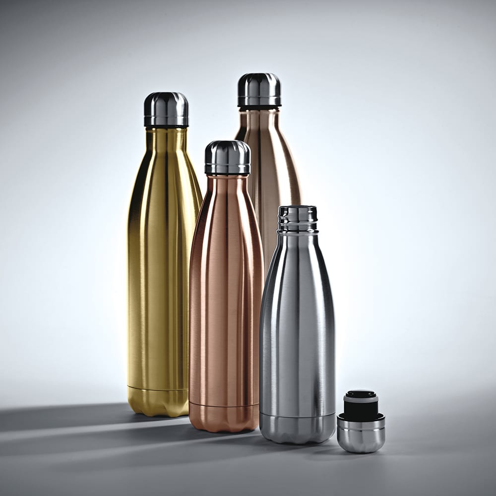 A drink bottle collection featuring four double-walled stainless steel bottles in gold, copper, and silver with shiny finishes.