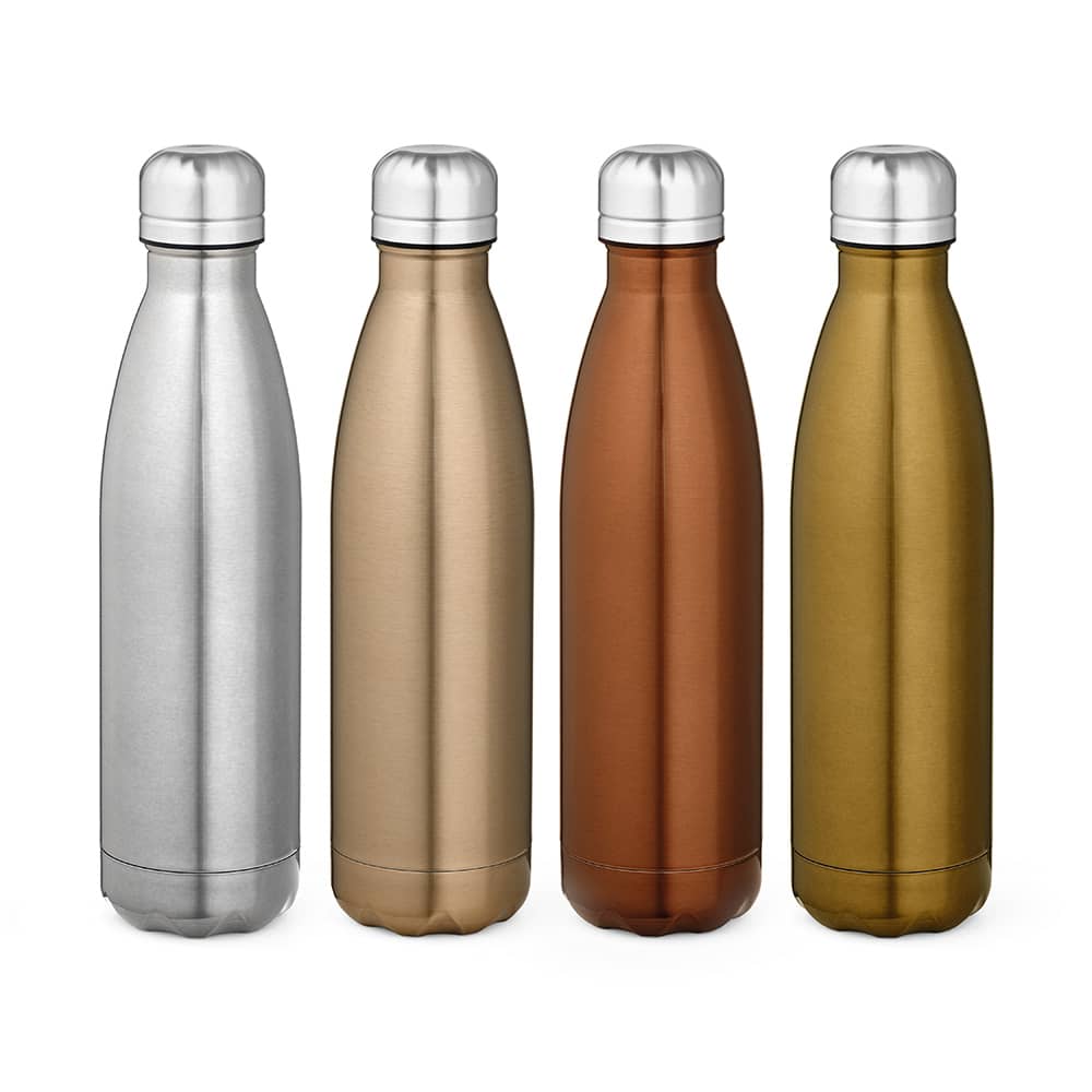 A drink bottle collection featuring four double-walled designs in silver, gold, bronze, and copper colours, each with a metallic cap.