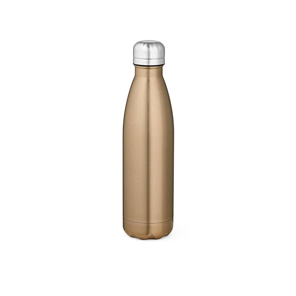 A drink bottle featuring a double wall design, shiny gold exterior, and a metallic silver lid. It has a logo.