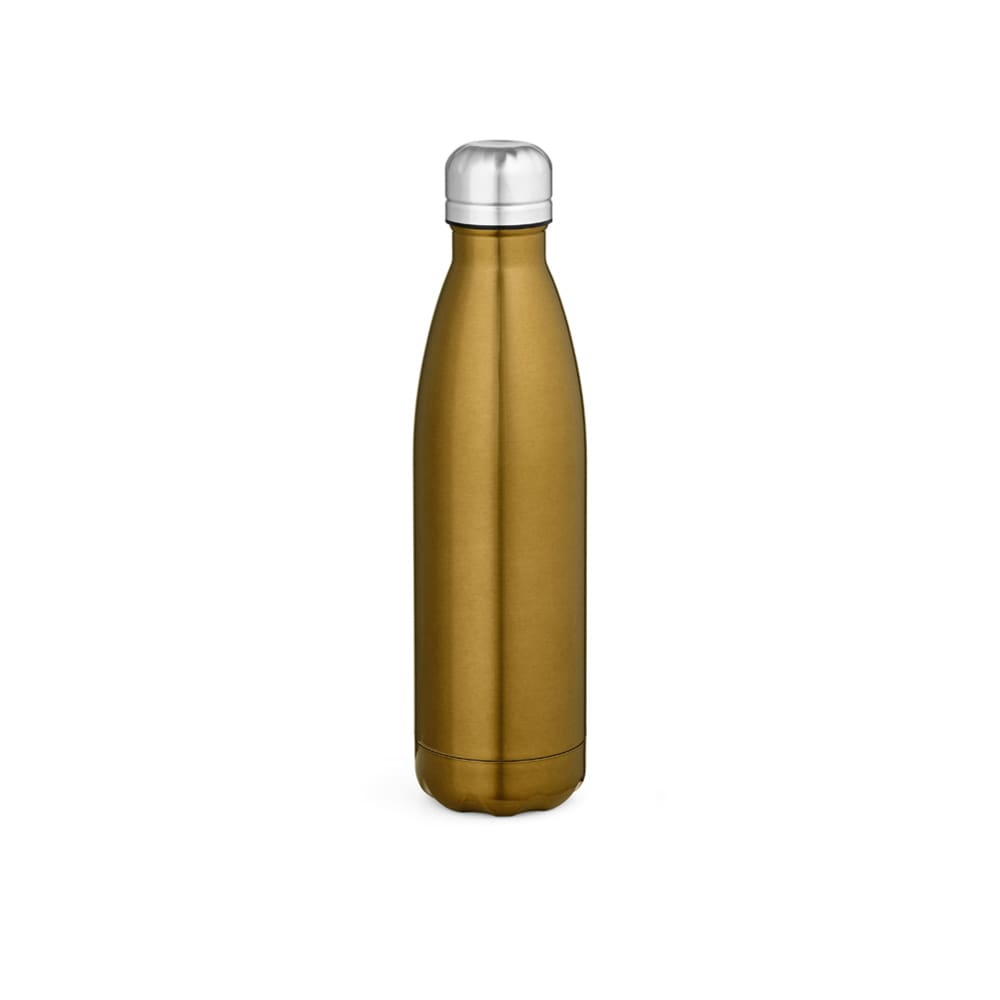 A drink bottle in a shiny gold finish with a silver cap and a sleek, double-walled design.