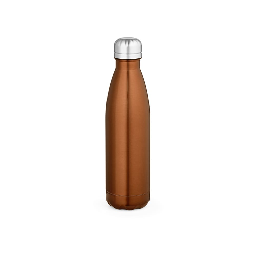 A drink bottle in a shiny copper finish with a silver lid and double-wall design. It features a branding logo.