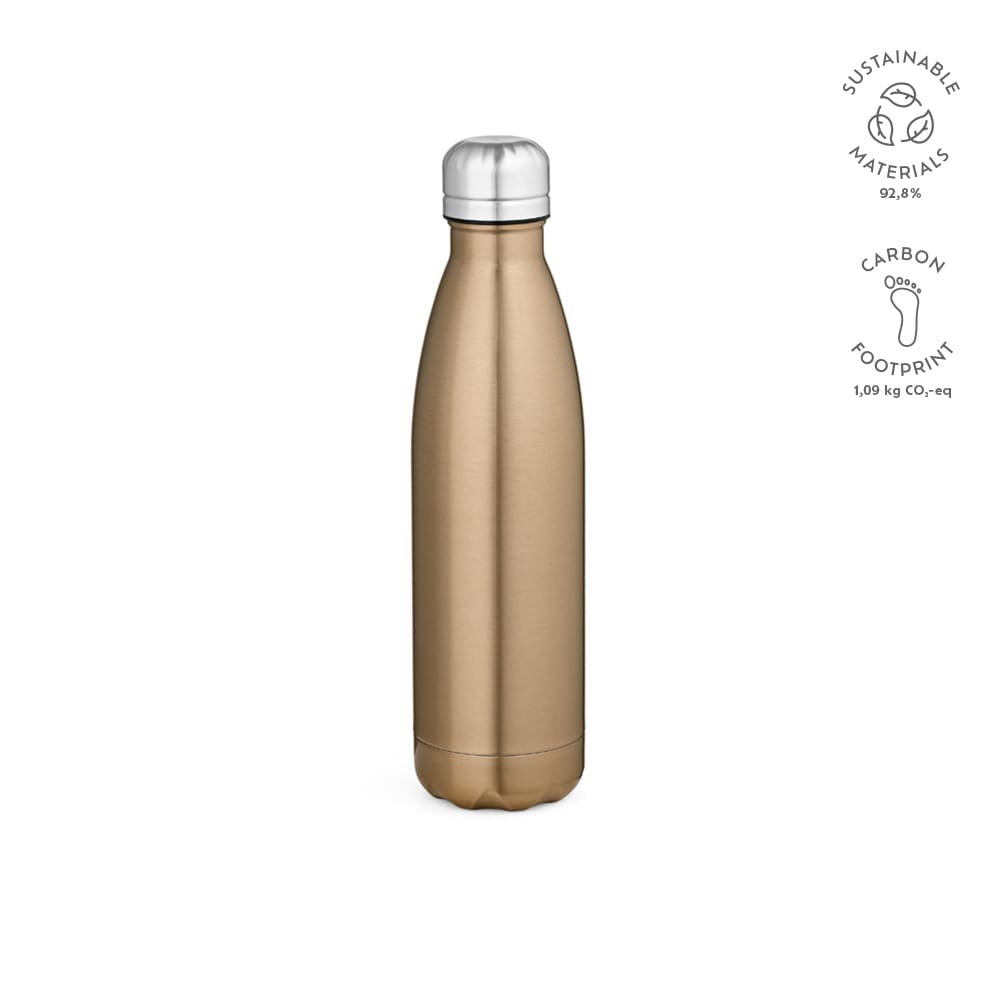 A drink bottle with a sleek, shiny bronze finish and a stainless steel lid. It features a logo on the side.