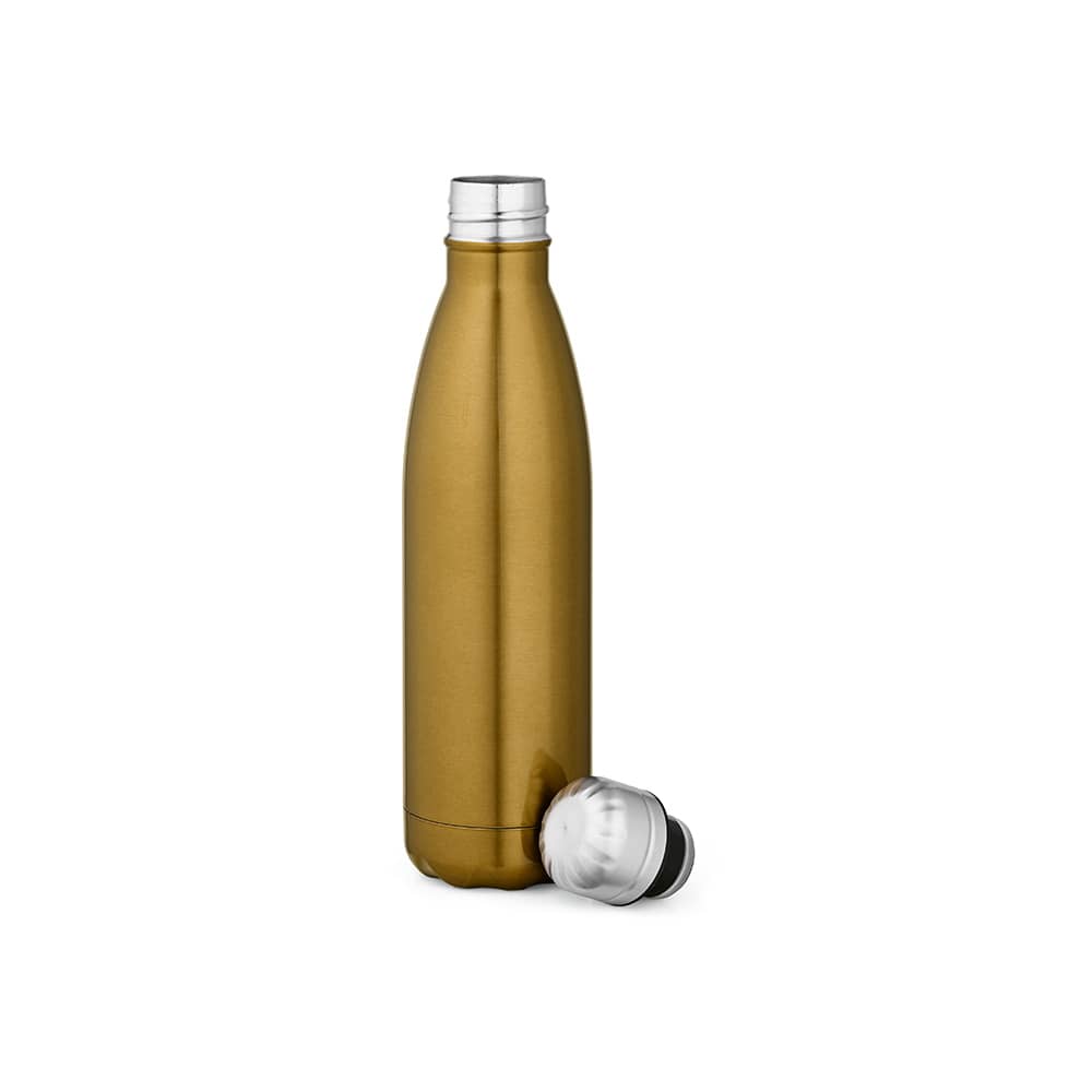 A drink bottle in a shiny gold finish, featuring a double wall design and a silver lid. 