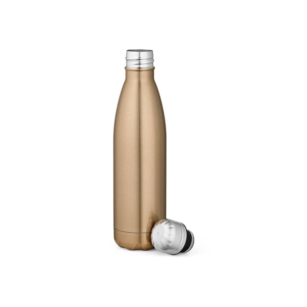 A drink bottle with a shiny metallic finish, featuring a double wall design and a silver-cap.