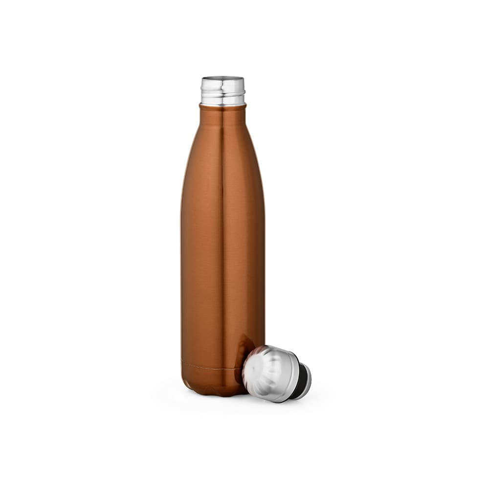 A drink bottle in a shiny bronze colour, featuring a double wall design and a silver cap, with a logo present.