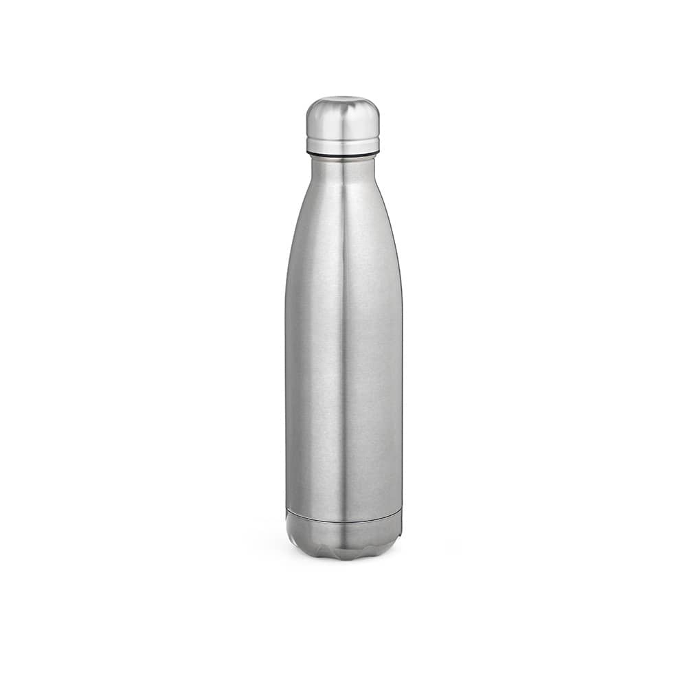 A drink bottle with a shiny silver finish, featuring a double wall design and a secure lid. It has a logo.
