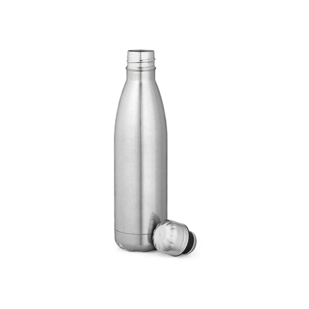 A drink bottle in stainless steel with a shiny finish, featuring a double wall and a removable lid.
