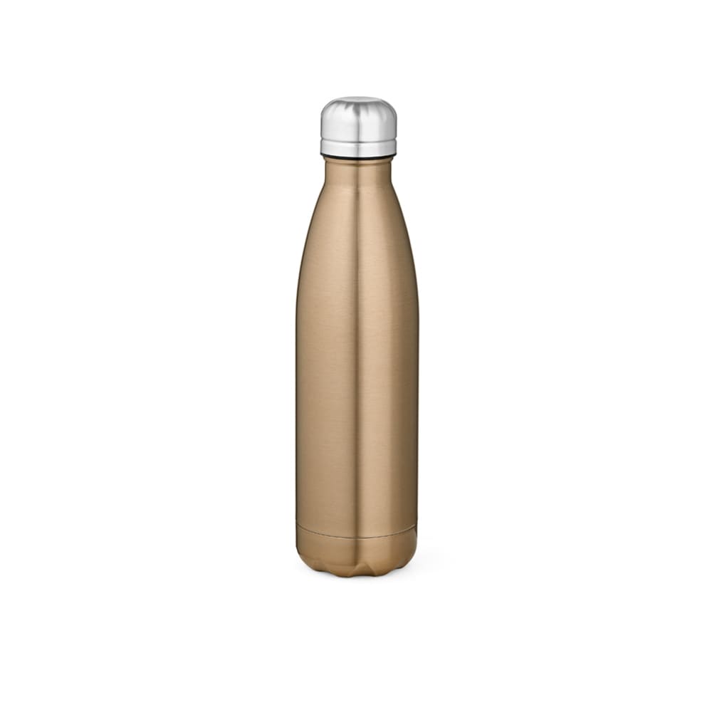 A drink bottle featuring a shiny metallic bronze finish, double-walled design, and a silver screw-top lid.