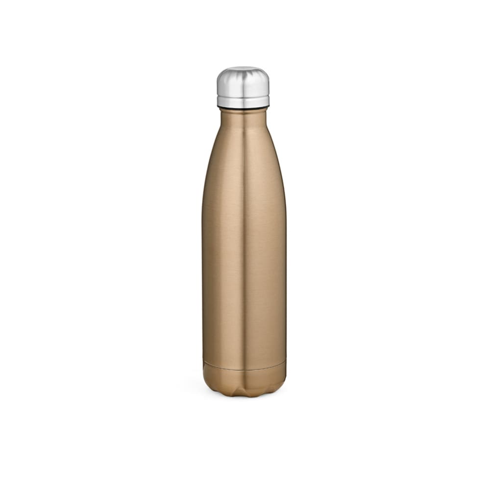 A drink bottle in metallic bronze, featuring a shiny silver lid and a sleek double-wall design.