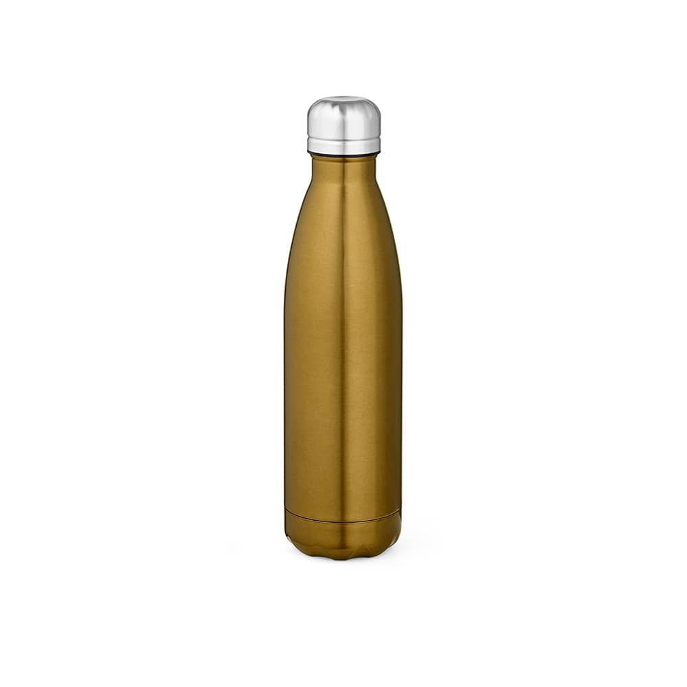 A drink bottle in a shiny gold finish with a silver cap, featuring a logo on the front. Double-walled design.