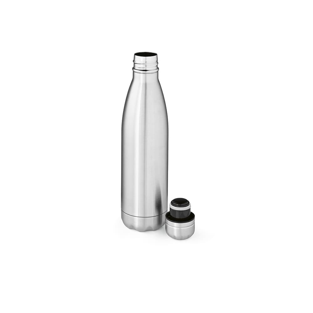 A drink bottle with a shiny silver finish, featuring a double wall design and a removable cap. It has a logo.