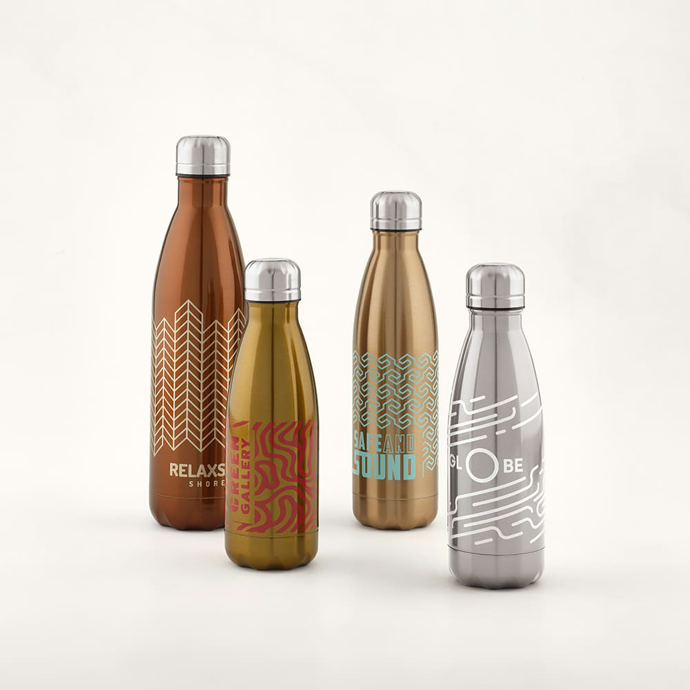 A drink bottle collection featuring four stainless steel bottles in brown, gold, silver, and rose gold, with various designs and a logo.