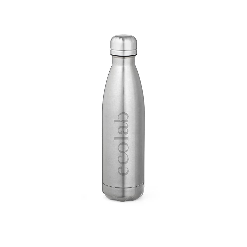 A drink bottle with a shiny silver finish, featuring a double-wall design and a logo.