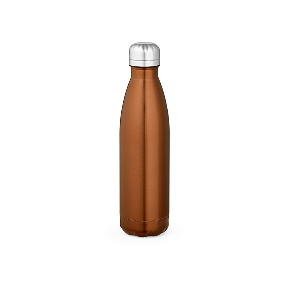 A drink bottle in a shiny copper finish with a silver cap, featuring a logo on the body.
