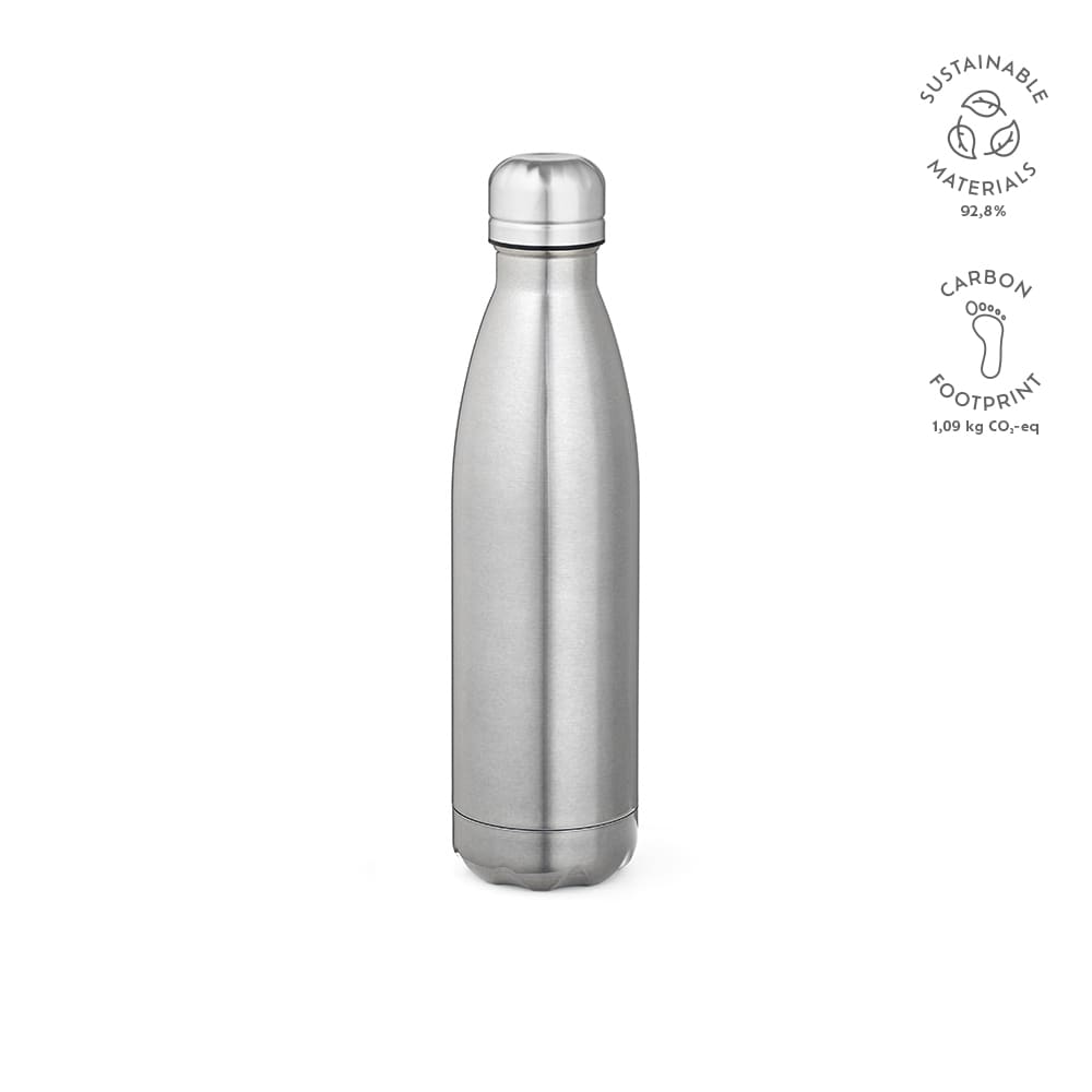 A drink bottle with a shiny silver finish, featuring double-wall insulation and a logo.