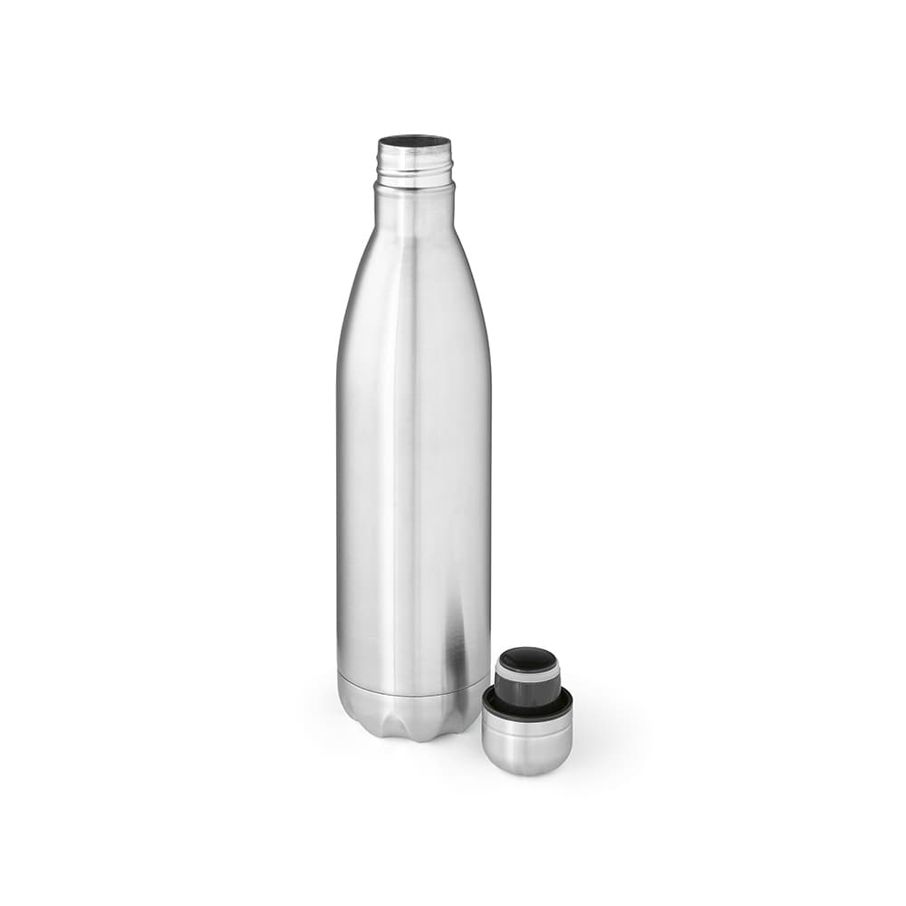A drink bottle in shiny stainless steel with a double wall design, featuring a removable cap.