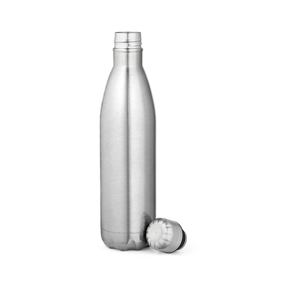 A drink bottle in shiny silver with a double wall design and a screw-on lid, featuring a logo.