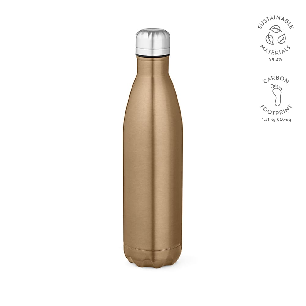 A drink bottle in a shiny gold finish with a silver cap, featuring a logo and sustainable materials badge.