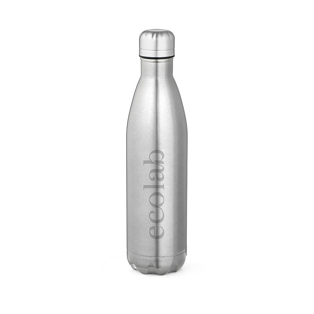 A drink bottle in shiny stainless steel with a sleek, double-wall design. Features a logo on the front.