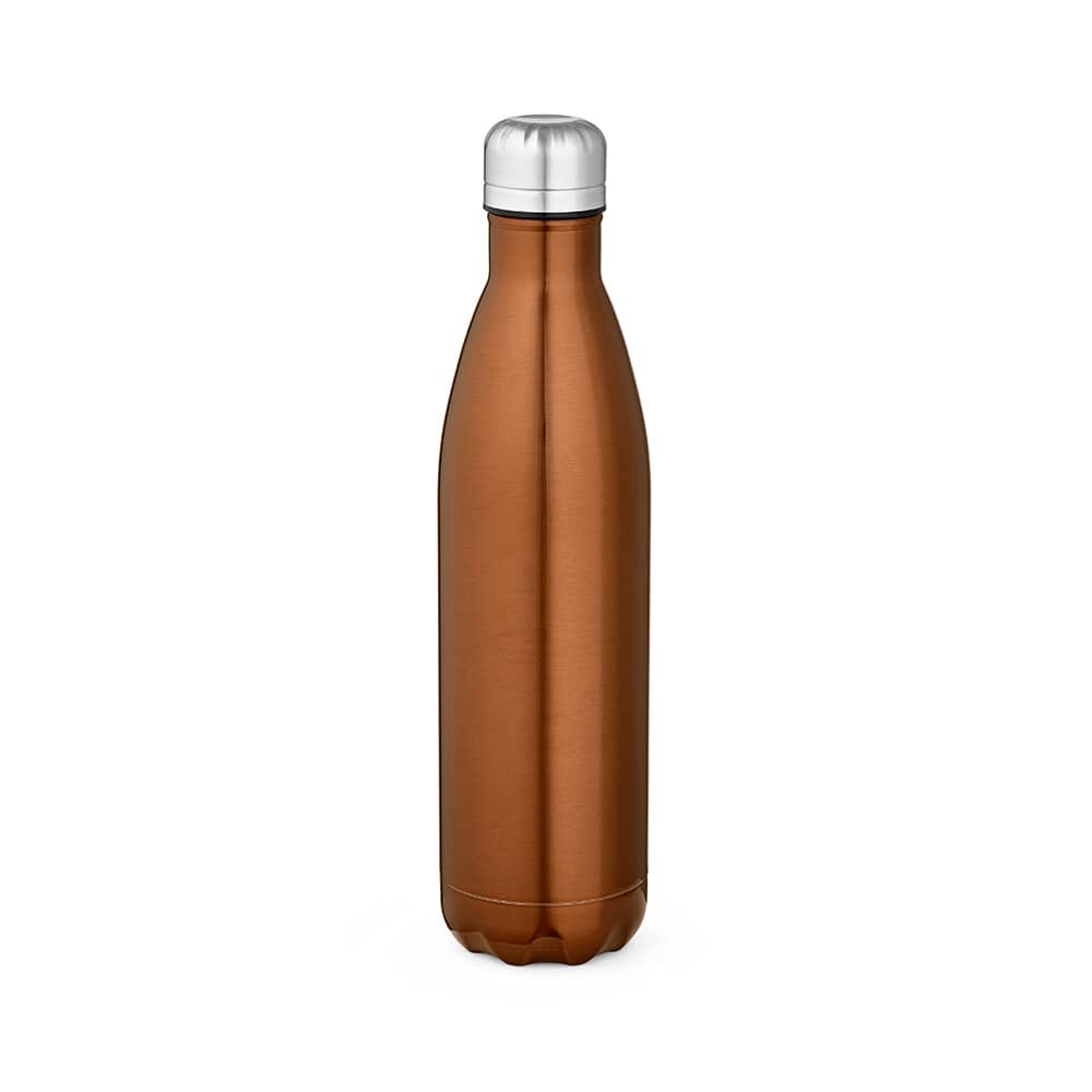 A drink bottle with a shiny copper finish, featuring a silver cap and a sleek, double-walled design.