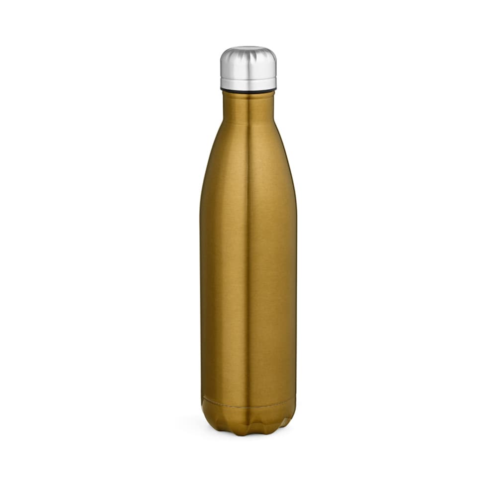 A drink bottle featuring a shiny gold finish, double wall design, and a metallic silver cap, with branding on the front.
