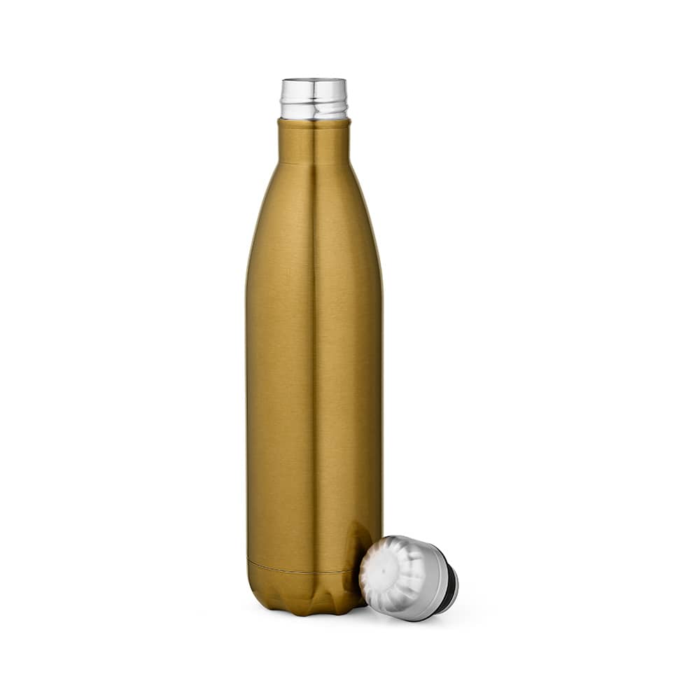 A drink bottle with a shiny gold finish and a silver cap, featuring a logo. Double wall design for insulation.