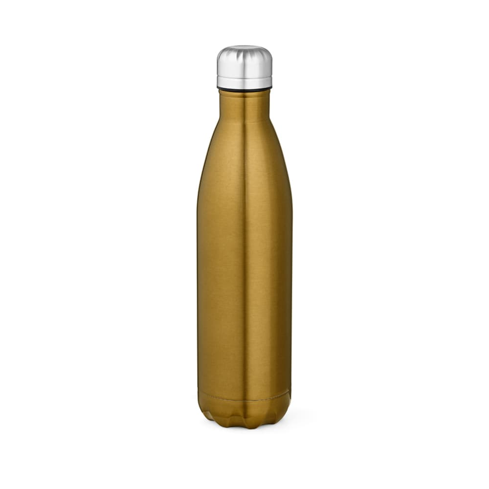 A drink bottle in a shiny gold finish with a silver screw top lid and a sleek, double wall design.