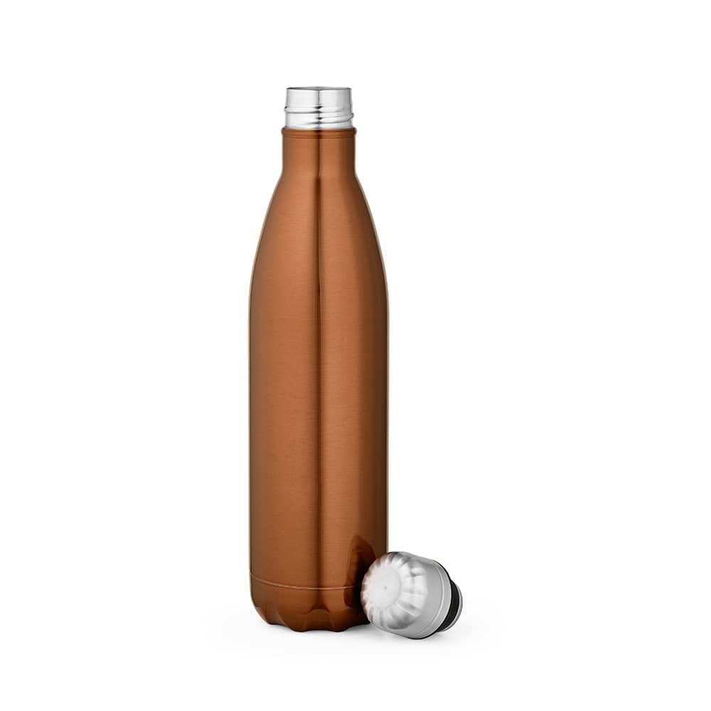 A drink bottle in a shiny copper finish with a silver screw-on lid, featuring a logo. Double wall design, 810ml capacity.