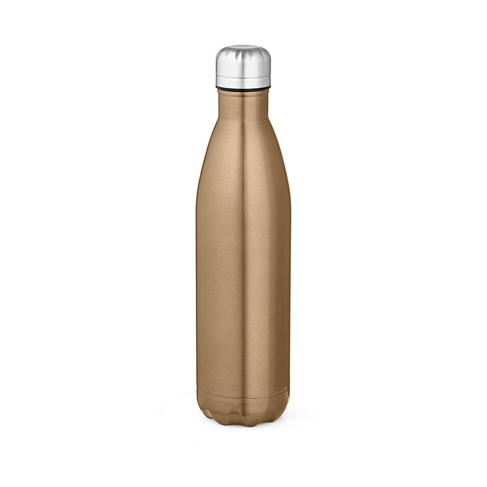 A drink bottle in a shiny gold finish with a silver cap, featuring a logo on the side.