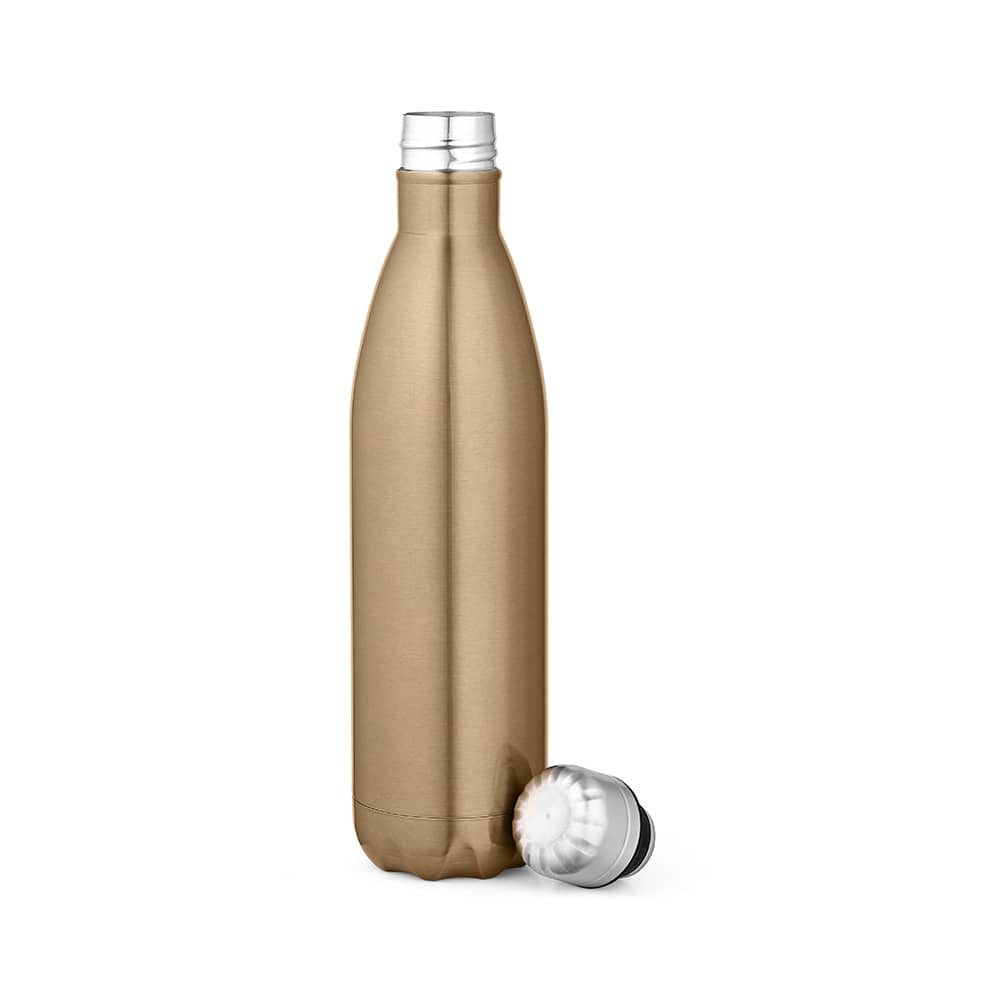 A drink bottle in shiny gold, double-walled design, with a detachable silver cap. Features a logo.