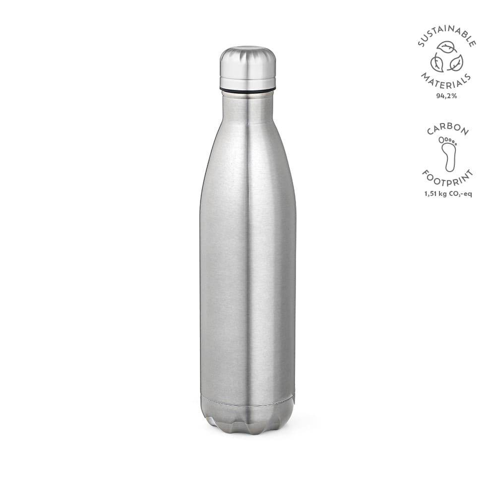 A drink bottle made of shiny stainless steel with a double wall design. It features a logo.