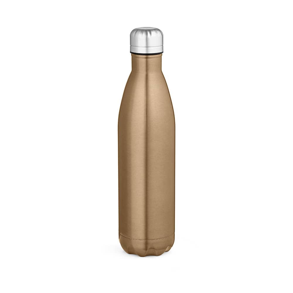 A drink bottle with a shiny bronze finish and a silver cap, featuring a logo. Double wall design for insulation.
