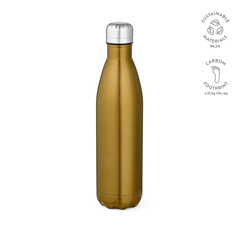 A drink bottle in a shiny gold finish, featuring a silver cap and a logo on the side. Double-walled design.