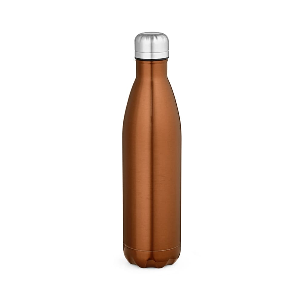 A drink bottle in shiny copper finish with a silver cap, featuring a sleek double-wall design and a logo.