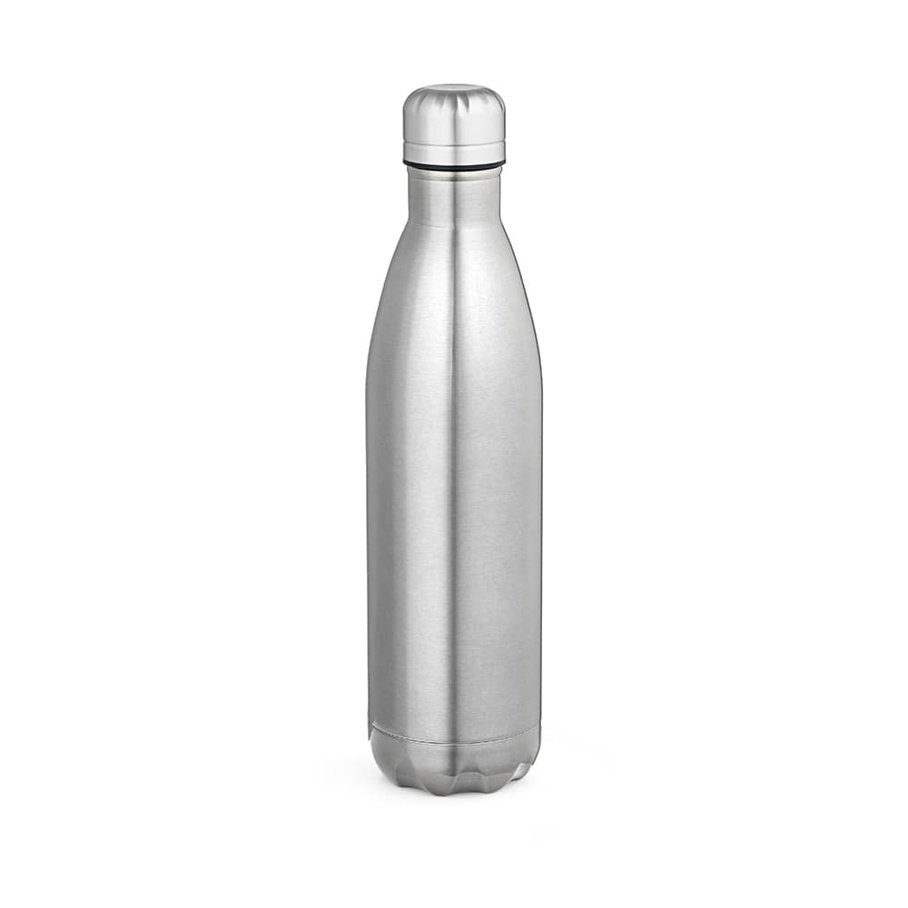 A drink bottle in a shiny silver finish, made of stainless steel with a double wall design, featuring a lid.