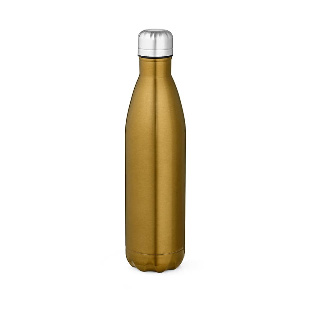 A drink bottle in a shiny gold finish with a silver lid, featuring a logo on the body.