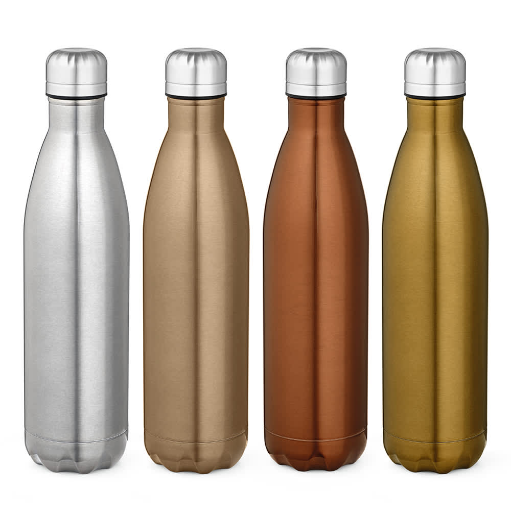 A drink bottle set featuring four bottles in silver, gold, bronze, and copper, with a shiny finish and silver caps.