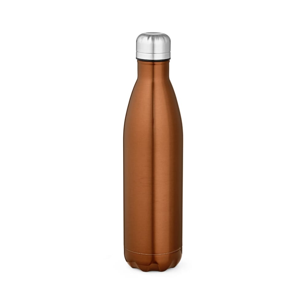 A drink bottle in a shiny copper finish with a silver cap, featuring a logo on the side.