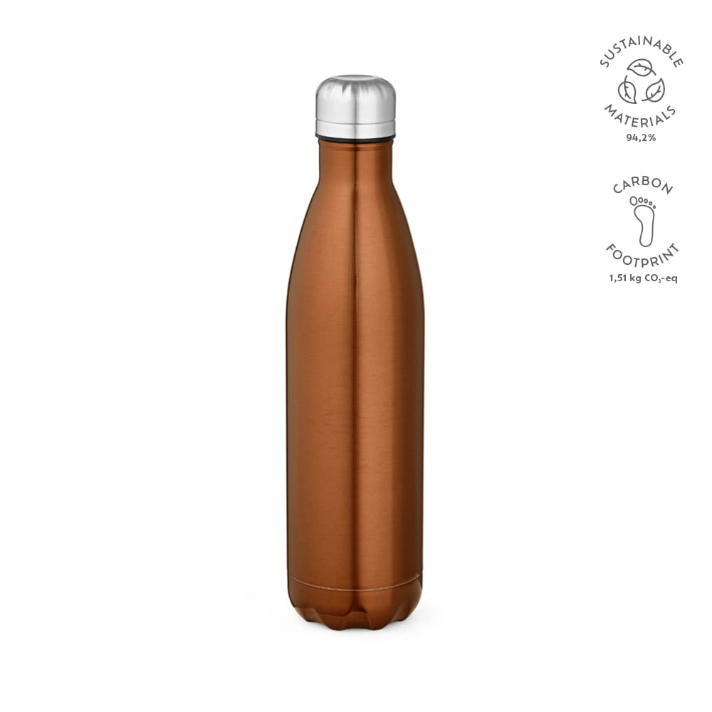 A drink bottle in a shiny bronze colour with a silver lid, featuring a logo on its surface.