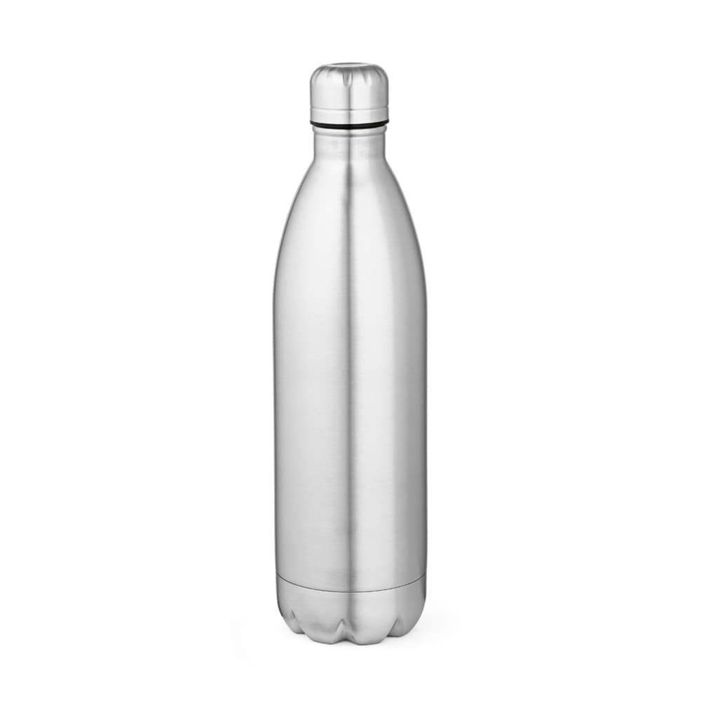 A drink bottle in shiny silver, double-walled design, with a sleek, modern shape and a logo on the body.