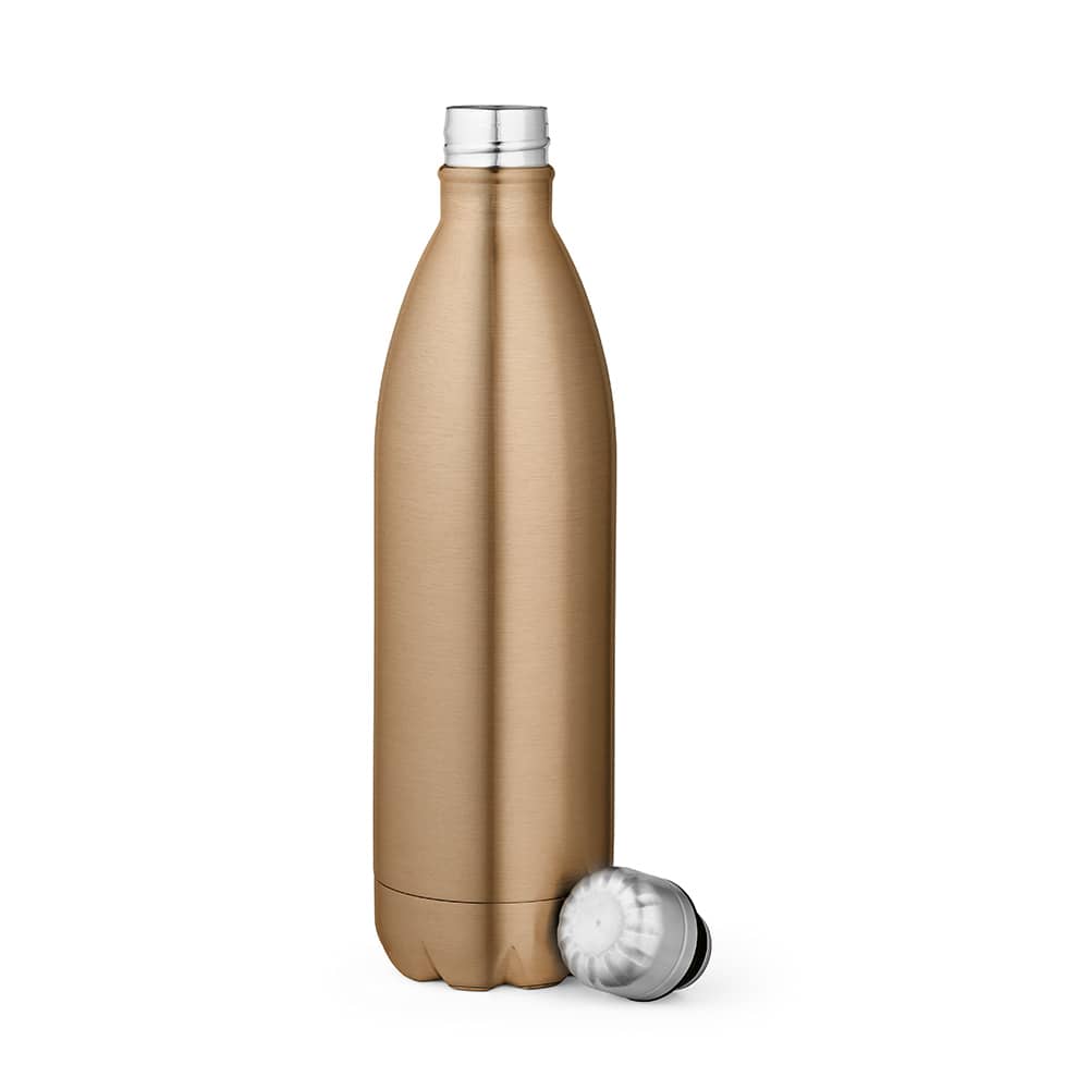 A drink bottle in a shiny bronze finish with a double wall design and a silver cap. It has a logo on the side.