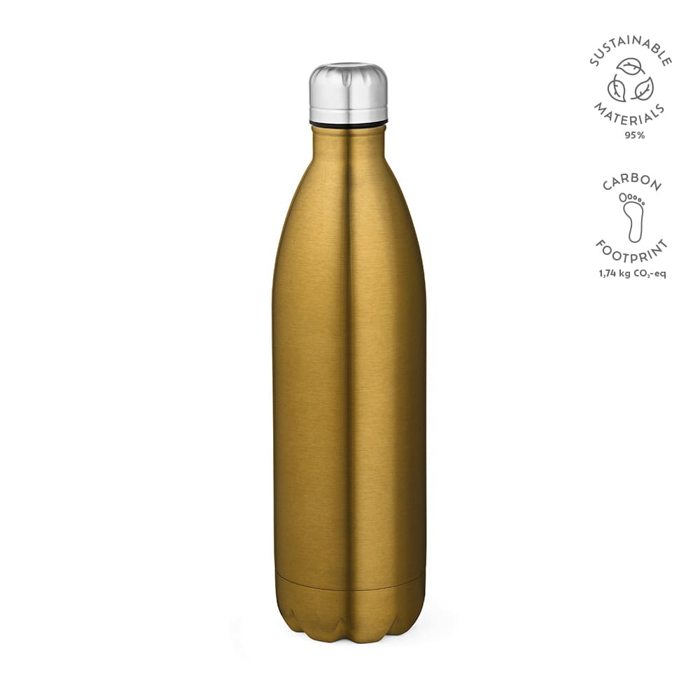 A drink bottle in a shiny gold finish, featuring a silver cap and a sleek, double-wall design. It has a logo.