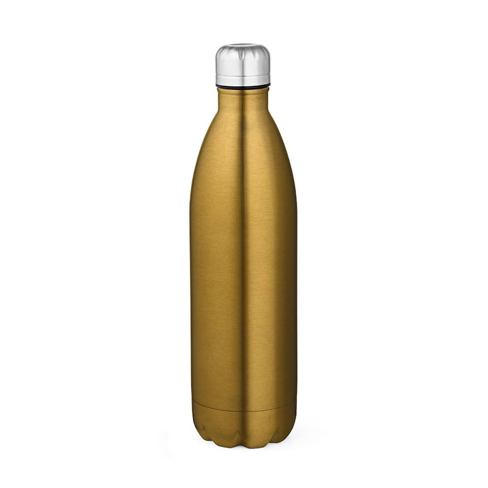 A drink bottle made of shiny gold metal with a double wall design and a silver cap. It features a logo.