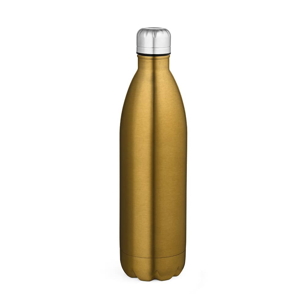 A drink bottle with a shiny gold finish, featuring a double wall design and a metallic silver cap.