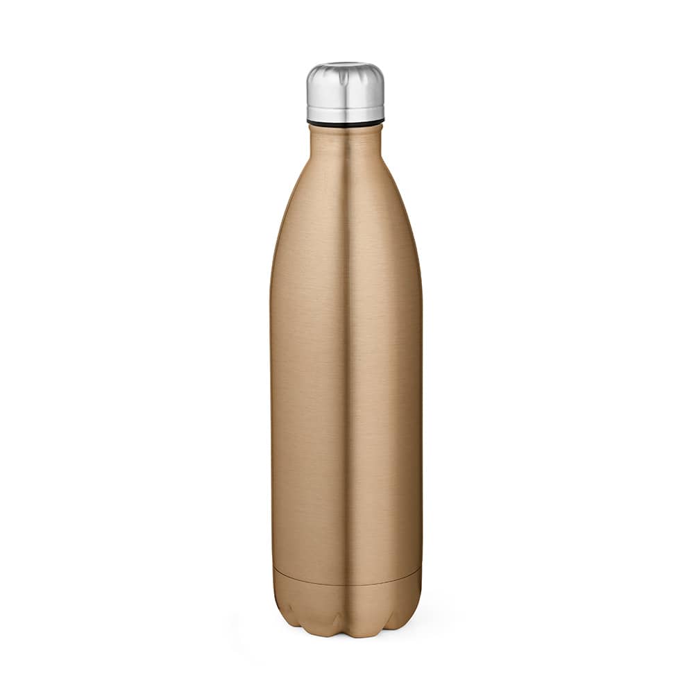A drink bottle in a shiny gold finish with a silver lid and double wall design. It has a logo on it.
