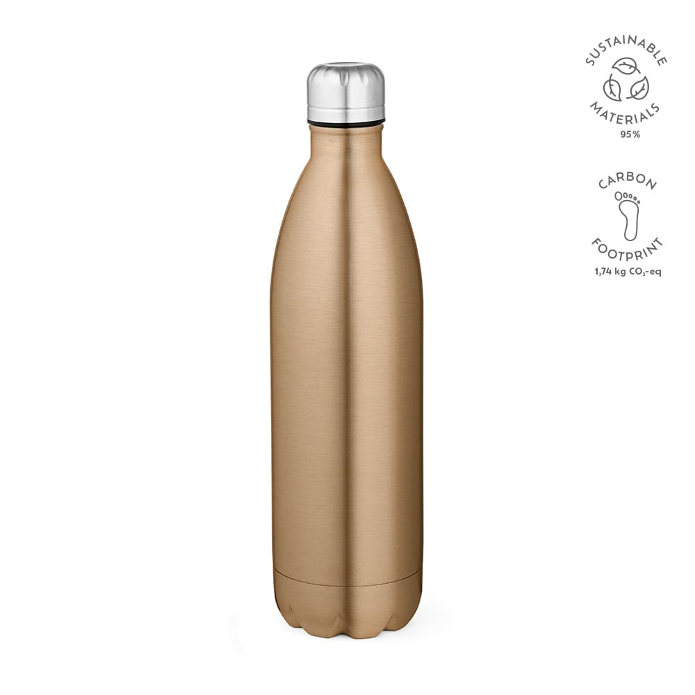 A drink bottle in a shiny gold finish with a silver lid, featuring a logo and a double-wall design.