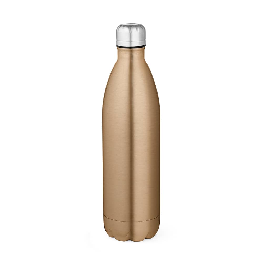 A drink bottle with a shiny gold finish and silver lid, featuring a logo on the body.
