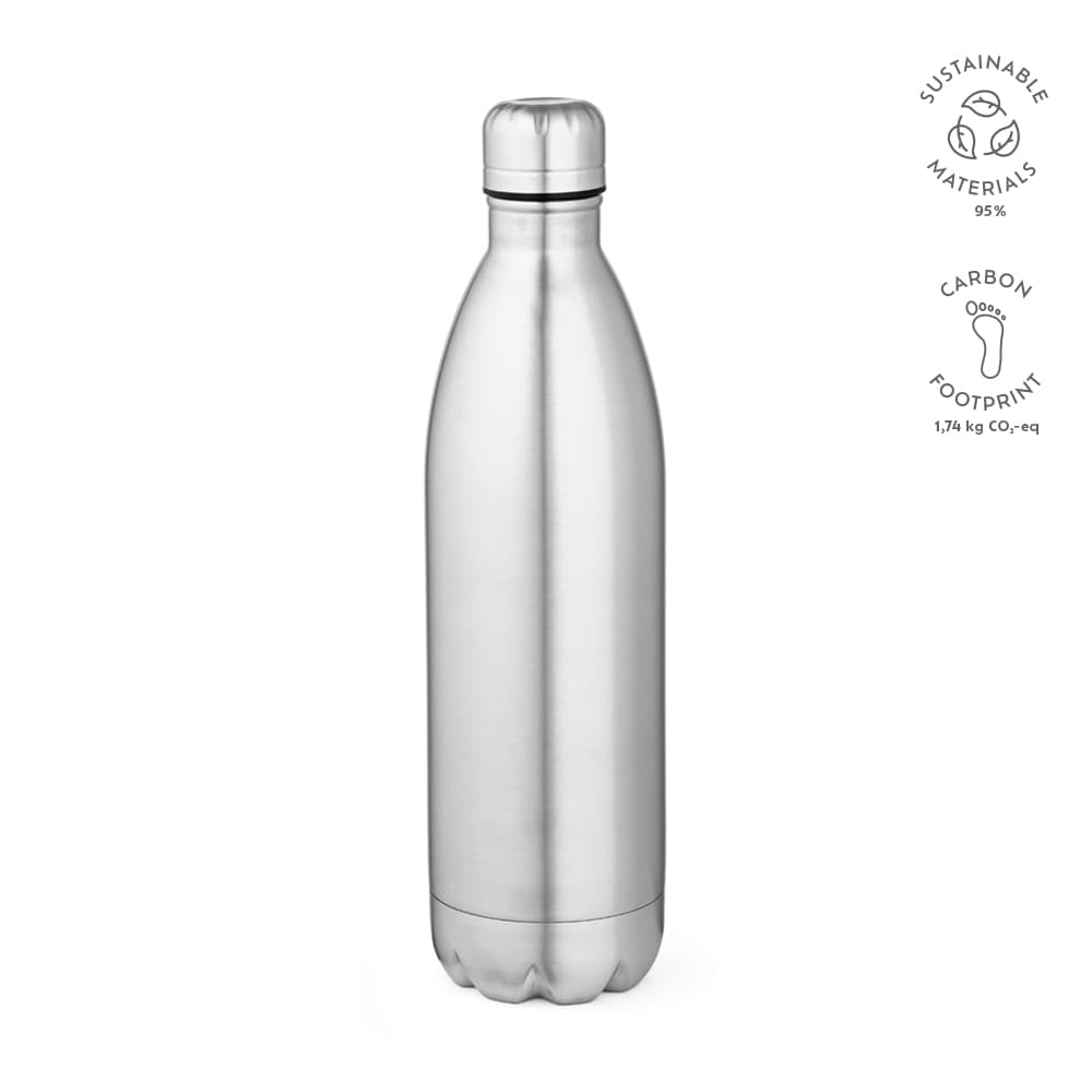 A drink bottle with a shiny silver finish, featuring double wall insulation and a logo.