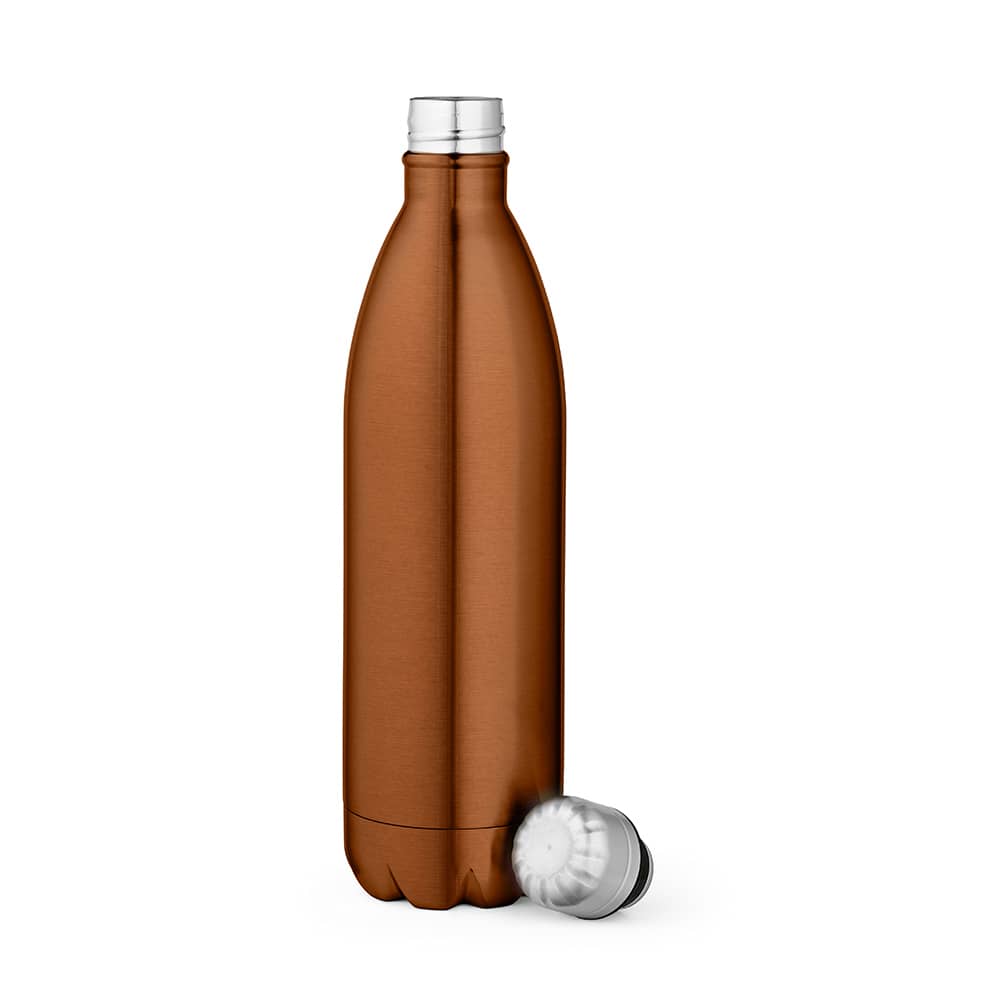 A drink bottle in a shiny copper finish, featuring a double wall design and a silver screw-top lid.